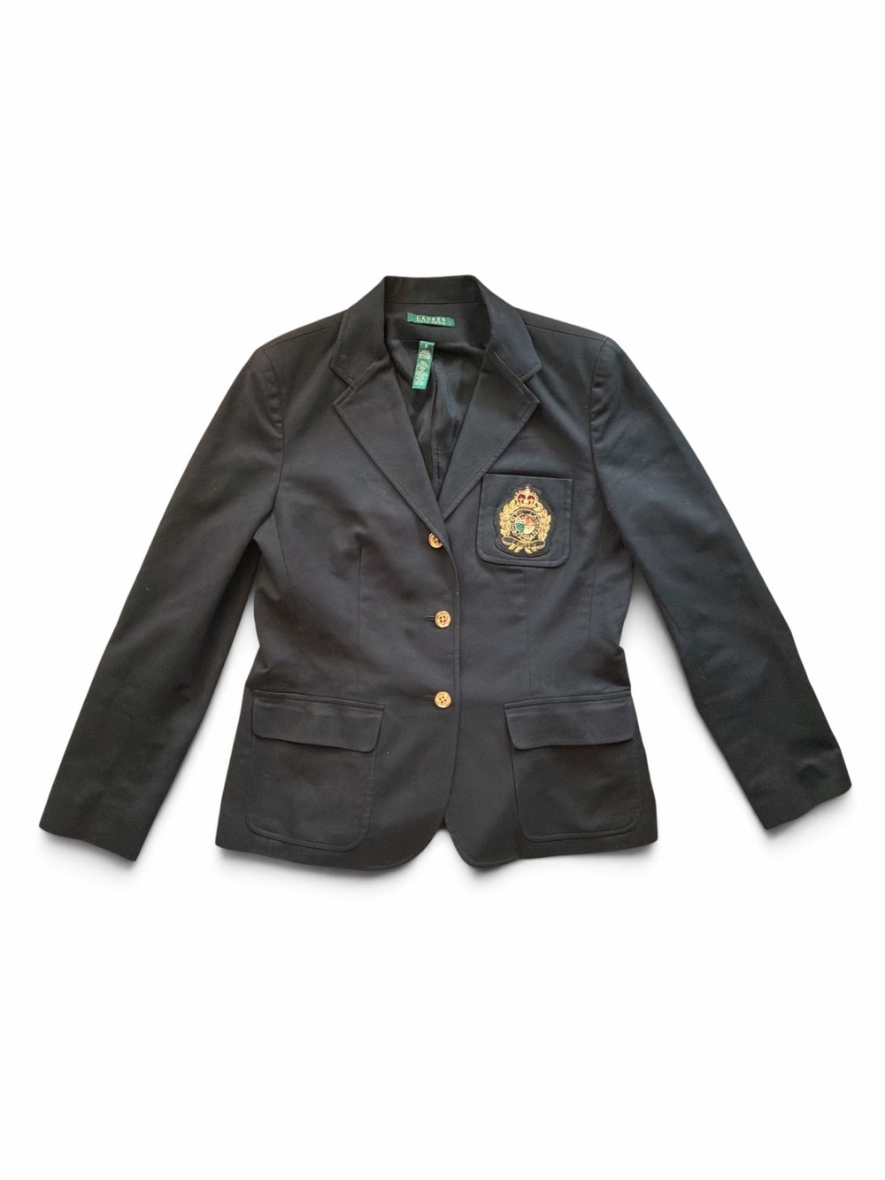 Lauren Ralph Lauren 3 Button Black Blazer with gold embroidered crest Size 12